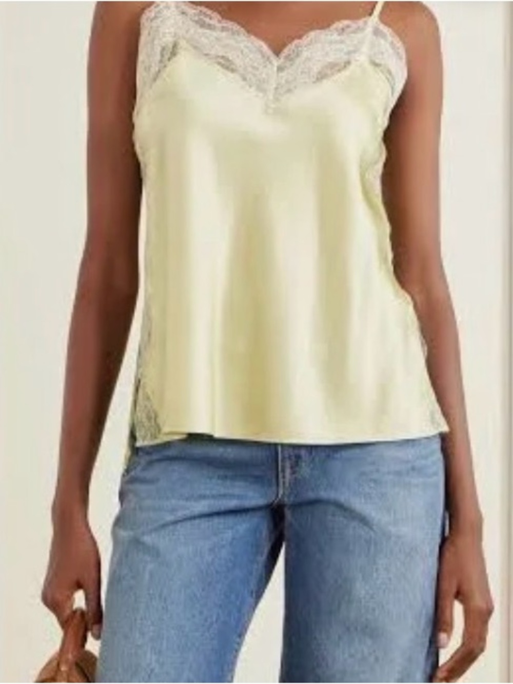 Veronica Beard Pale Yellow Satin Lace-Trim Camisole